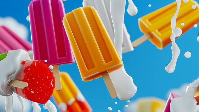 Colorful popsicles in mid-air, splashing creamy milk, showcasing vibrant flavors and playful textures against a bright blue sky, capturing the essence of summer fun and refreshment in motion