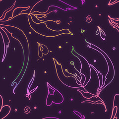 Neon Tulips linart doodles on a dark violet background - seamless pattern.