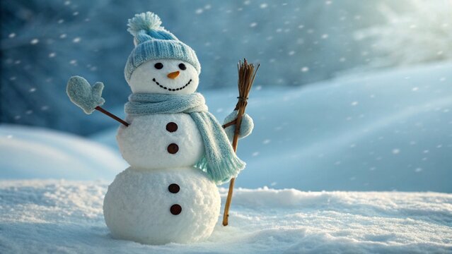 Charming snowman waving hello in a snowy winter wonderland, dressed in a cozy hat and scarf, holding a broom, spreading holiday joy
