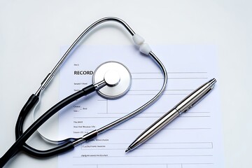 A close up overhead view of a medical stethoscope and a silver pen lying on a document with medical notes and charts representing healthcare and diagnosis