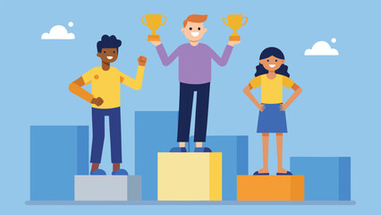 Diverse group of people celebrating victory on a podium