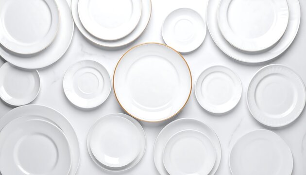 A variety of white dinner plates arranged in an artful, geometric pattern on a light-colored surface, showcasing a clean and minimalist aesthetic.