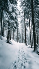Fototapeta premium Footprints lead through a snow-covered forest