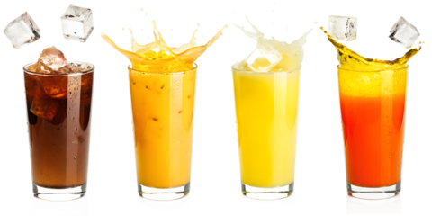 Set of four colorful spritzer cocktails with a splash effect.
