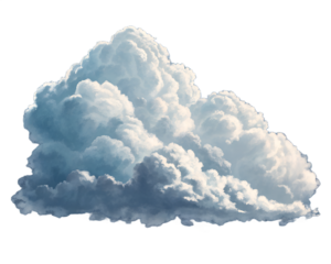 White puffy cumulus clouds isolated on a pure white and transparent background.