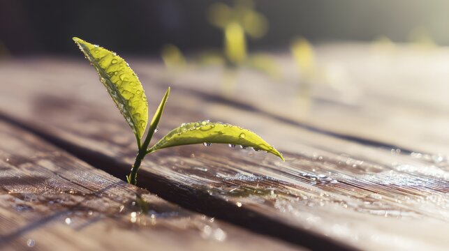 Macro shot of fresh tea leaves with morning dew on wooden surface under directional sunlight.
