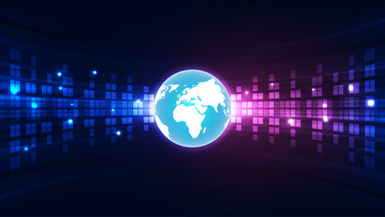 Futuristic Digital Earth with Blue and Purple Neon Lights – Global Technology Connection