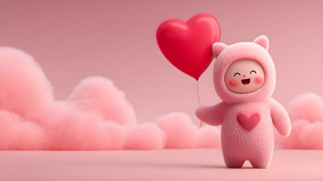 A cute cartoon character in a pink cat outfit holds a bright red heart balloon. The backdrop is soft pink with fluffy clouds, creating a whimsical and cheerful atmosphere filled with love - Powered by Adobe