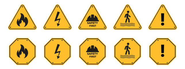 Set of Warning or Danger Sign with a skull, biohazard, working and fallout symbols in yellow triangle sign vector illustration