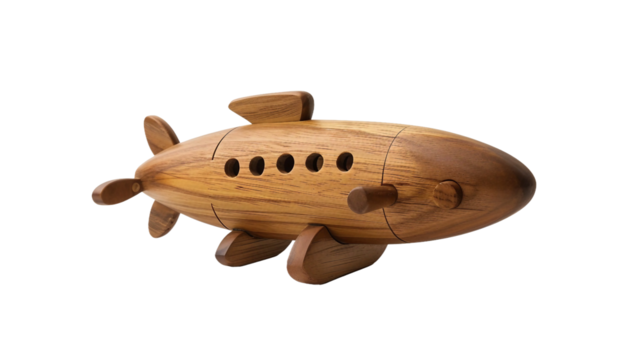 Artistic Wooden Submarine Toy with Detailed Design on white background
