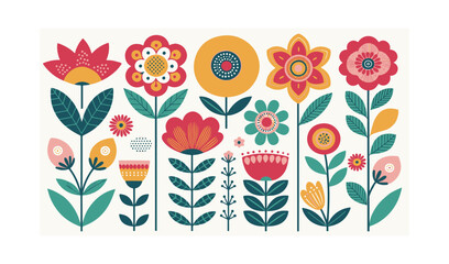 A vibrant collection of abstract geometric flowers with bold petals, curvy leaves, and playful organic shapes in a flat retro-modern style.