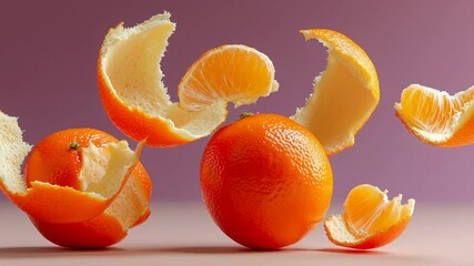 Vibrant oranges in mid-air, showcasing dynamic peeling action with segments and peels suspended against a soft gradient background, illustrating the freshness and texture of citrus fruit - Powered by Adobe