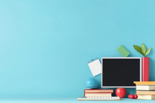 Back to school:  A collection of learning essential, arranged thoughtfully with textbooks, globes, and a blackboard, all set against a vibrant blue wall.  It's an invitation to explore knowledge.