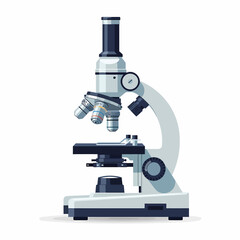 A detailed illustration of a modern laboratory microscope with multiple objective lenses and a stage for specimen viewing.