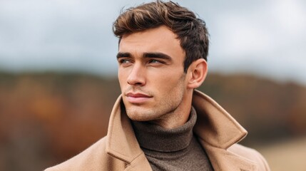Man wearing a camel coat stands outdoors, gazing thoughtfully into the distance with an autumn backdrop