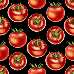 Seamless watercolor pattern with fresh red tomatoes. Watercolor tomatoes. This hand-drawn botanical pattern is perfect for fabric, packaging and kitchen decor.