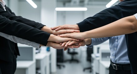 Group of diverse business professionals stacking hands in a show of unity, collaboration, and teamwork in a modern office environment.