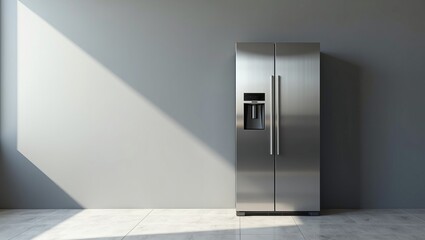 Stainless steel side by side refrigerator with water dispenser in modern minimal kitchen interior, copy space, sunlight