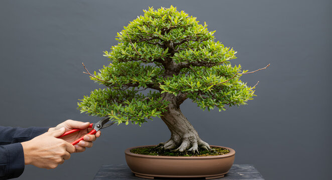 Hands Pruning a Green Bonsai Tree with Shears for Cultivation and Shaping