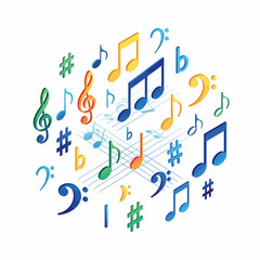 A vibrant, isometric arrangement of colorful musical notes and symbols, creating a dynamic visual representation of music and melody.