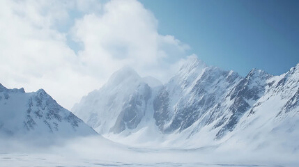 Snow-Capped Mountain Range Under a Cloudy Sky