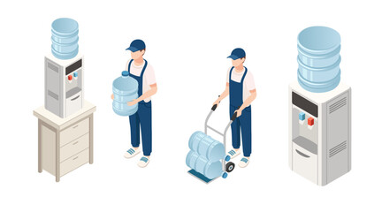 Isometric water delivery service scene. Two workers in blue uniforms handling water bottles. Office coolers on platforms. Light blue jugs and dispensers. Modern flat design style. Vector illustration