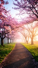 Naklejka premium A path lined with blossoming cherry trees in a soft morning light