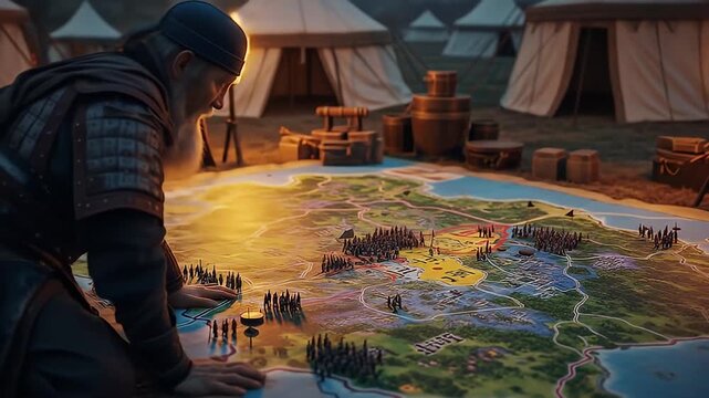 Ancient Chinese Warlord Plans Military Strategy on Illuminated Map