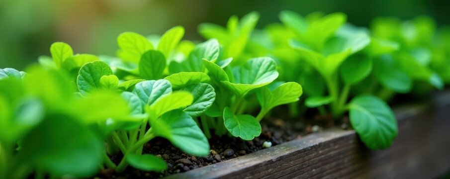 Close-up of lush silverbeet and parsley growing around a charming wooden bed, agriculture, summer