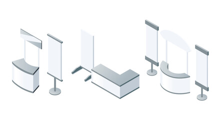 Isometric promotional display set. Curved banner stands and counter designs in gray and white. Trade show equipment for marketing events. Vector illustration isolated on white background