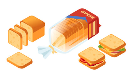 Isometric sandwich preparation set. Open-faced sandwiches with cheese, ham, vegetables. Sliced bread, ingredients, and assembled meals. Food design concept. Vector illustration isolated on white