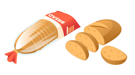 Isometric bread and sandwich collection. Fresh bakery loaves in packages, prepared sandwiches with fillings. Food service and grocery items. Vector illustration isolated on white background