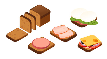 Isometric bread collection. Fresh bakery products with sliced loaves, packaged bread, and meat slices. Brown and whole grain varieties. Food design elements. Vector illustration isolated on white