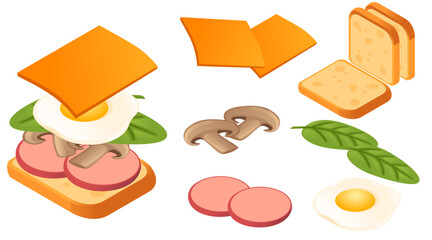 Isometric breakfast sandwich components. Cheddar cheese, ham slices, mushrooms, fried egg, lettuce, and bread. Fresh ingredients for healthy meal assembly. Vector illustration isolated on white