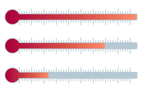 Three horizontal temperature gauges with gradient bars from red to blue. Mercury bulbs with measurement scales displaying different heat levels. Climate monitoring tools. Vector illustration