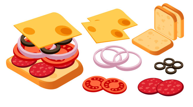 Isometric sandwich ingredients set. Swiss cheese slices, salami, onion rings, tomatoes, olives, and bread. Colorful food components for meal preparation. Vector illustration isolated on white