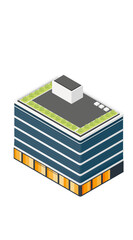 Isometric sustainable office building. Blue structure with green rooftop garden terrace. Orange retail base level. Eco-friendly urban architecture with vegetation. Vector illustration on white
