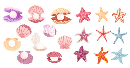 Seashells and starfish collection. Pearl shells, scallops, clams in pastel pink, purple, orange colors. Various sea stars with dots and patterns. Beach themed decorative elements. Vector illustration