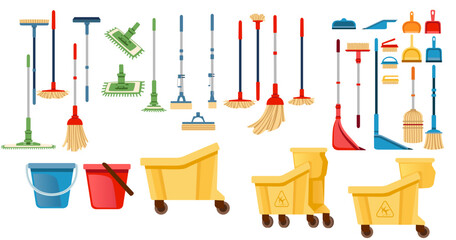 Cleaning tools and equipment collection. Colorful mops, brooms, buckets, brushes, dustpans in flat design. Professional janitorial supplies. Service industry items for housekeeping. Vector set