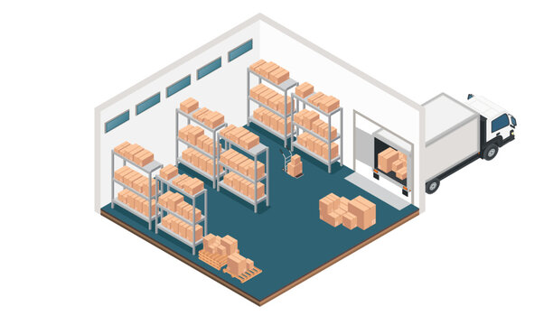 Isometric warehouse delivery truck. Storage facility entrance shelving units boxes vehicle docked for loading. Blue floor logistics center design. Vector illustration isolated on white background