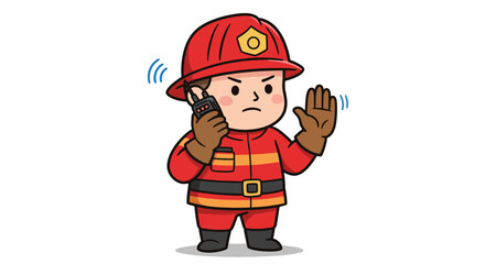 Cartoon Firefighter Character with Walkie-Talkie and Stop Gesture
