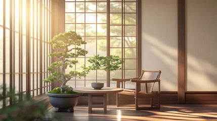 Fototapeta premium Serene Japanese Interior with Bonsai Trees and Natural Light