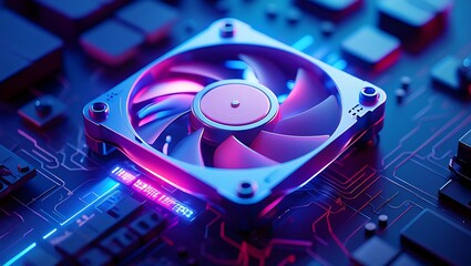 Close up of a computer cpu cooler fan with vibrant purple and blue led lighting highlighting intricate electronic components and circuitry on a motherboard