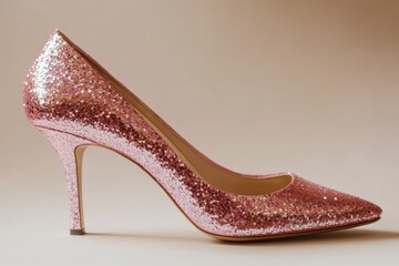 Obraz premium Elegant pink glitter stiletto heel, Glamorous pink glitter stiletto heel with a high arch and pointed toe