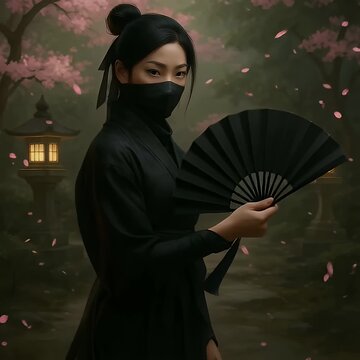 Ninja with Tessen Iron Fan in Traditional Japanese Garden with Cherry Blossoms