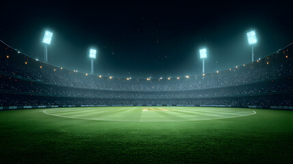 A cricket stadium showcases a vibrant green pitch, surrounded by neatly trimmed grass. Floodlights stand tall above, ready to illuminate the field for an exciting match. The scene exudes anticipation.