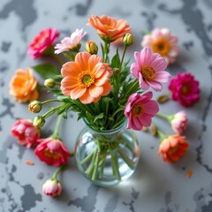 Photorealistic Glass Vase with Spring Flowers Flat Lay