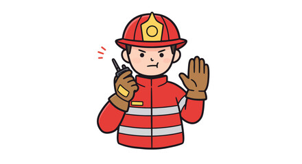 Cartoon Firefighter with Walkie-Talkie and Stop Gesture