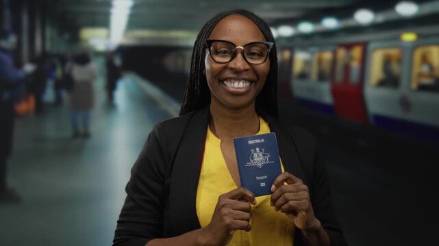 Woman holding australian passport smiles at a train station with blurred commuters and train background, depicting travel, document readiness, and urban commuting setting.