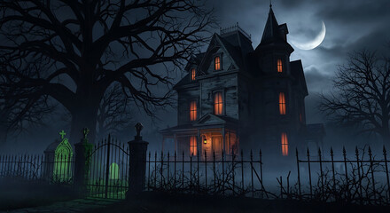 Fototapeta premium A spooky haunted house with a graveyard under a crescent moon on a foggy night illustration